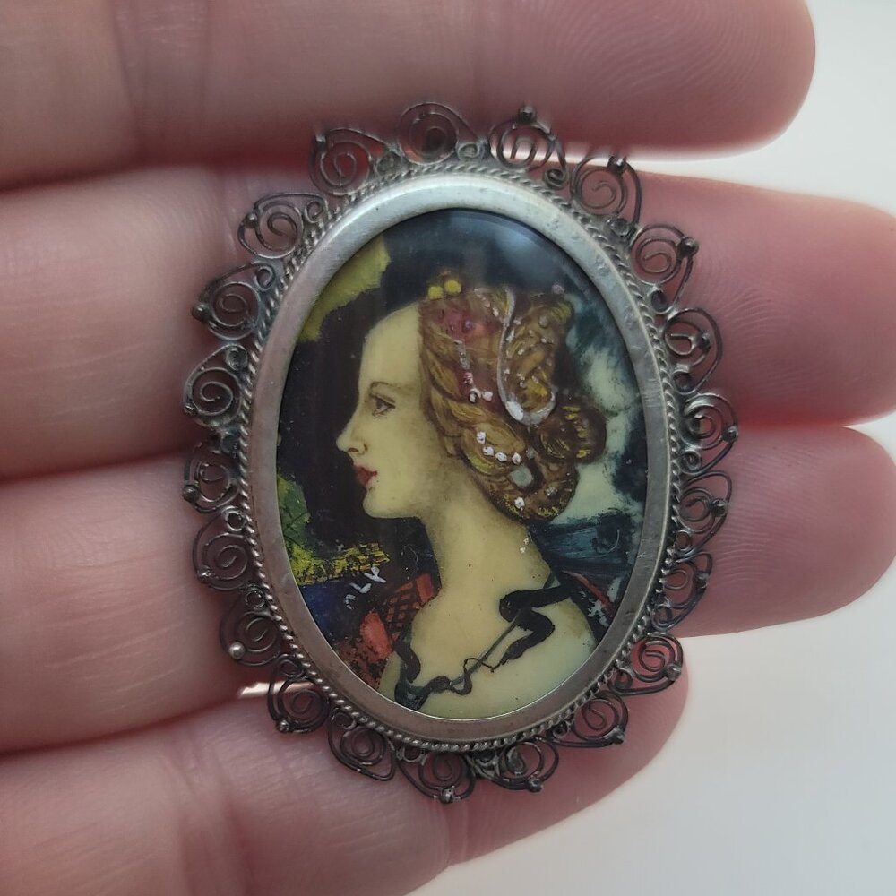 Simonetta Vespucci Miniature Portrait Silver & Porcelain Brooch